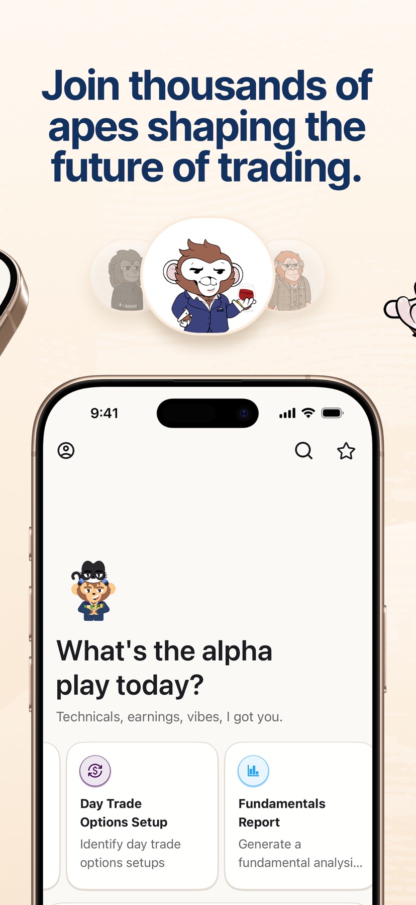 Ape AI iOS — Style Avatars UI for different trading styles